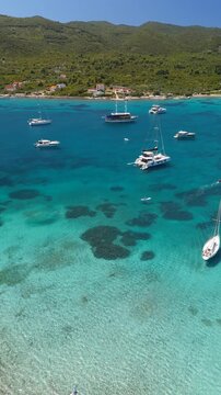 Vertical Aerial Green Peninsula Reef Anchored Boats Korcula Croatia