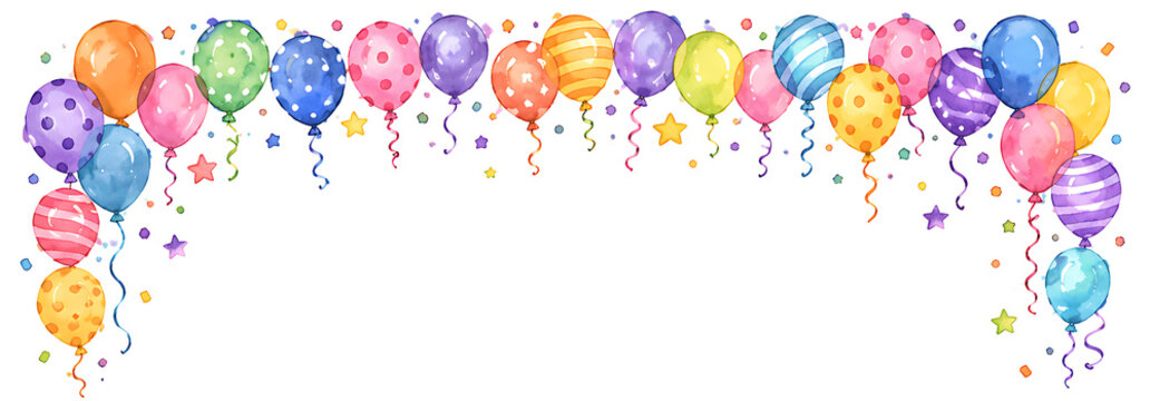 Watercolor Birthday Balloon Border Frame with Colorful Party Balloons, Confetti and Celebration Banner Background