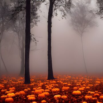 Orange and Yellow Abstract Halloween Background with Pumpkins and Fog