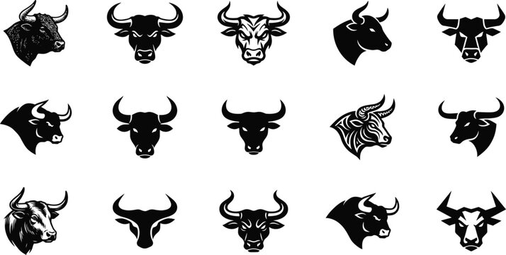 Wild Bull Head Silhouette Vector Icon Collection Angry Steer Horns Mascot Logo
