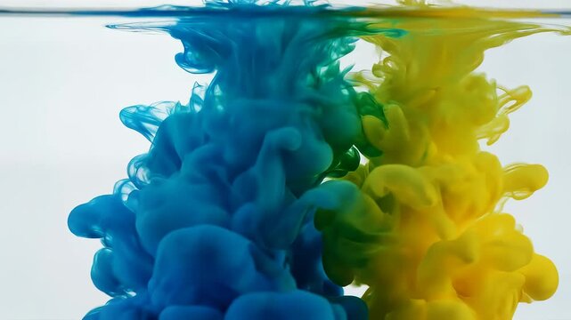 Vibrant blue and yellow ink drops dissolving and mixing in crystal clear water, creating mesmerizing abstract color plumes, fluid art patterns, and stunning visual dynamics for creative projects