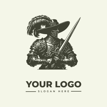 Vintage style illustration of a musketeer knight holding a rapier sword for logo design.
