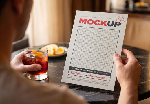 Man Holding Beverage and Drink Food Menu Page Mockup