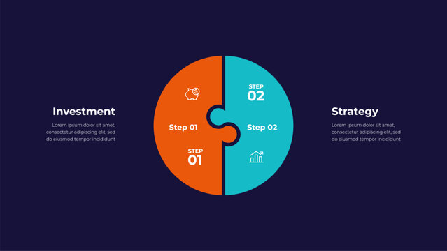 Two piece puzzle circle infographic representing investment and strategy