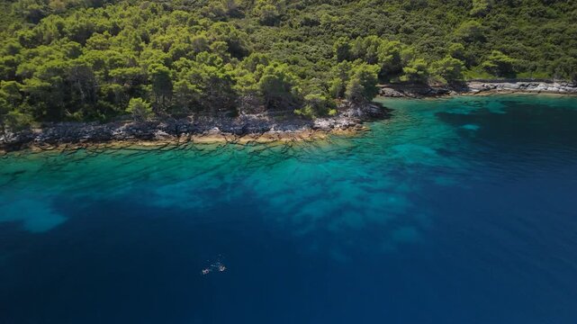 Aerial Rocky Pine Coastline Turquoise Sea Snorkelers Hvar Island Croatia