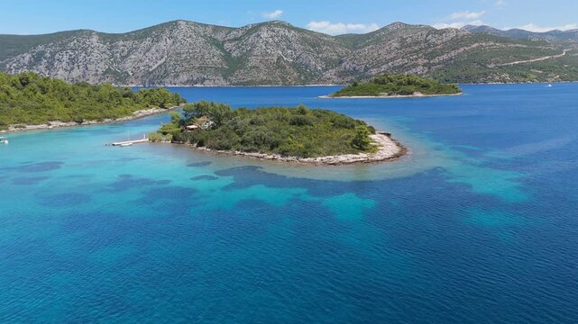 Aerial Small Green Islands Turquoise Reef Korcula Archipelago Croatia