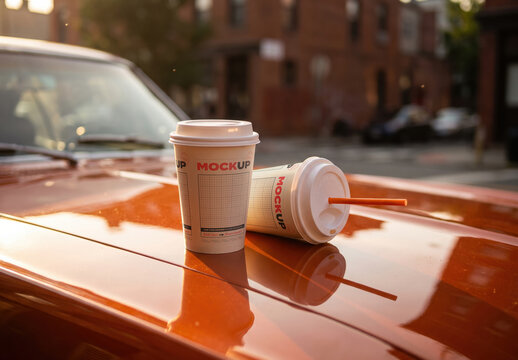 Takeaway Drink Beverage Cups on Car Hood Movie Style Mockup