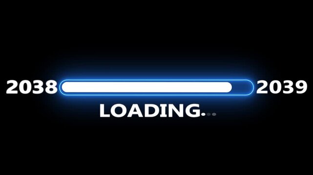 New year 2039 loading bar animation Year changing from 2038 to 2039. Loading bar from 2038 to 2039 new year transfer animation. Almost reaching New Year on black background.