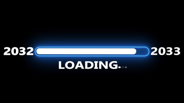 New year 2033 loading bar animation Year changing from 2032 to 2033. Loading bar from 2032 to 2033 new year transfer animation. Almost reaching New Year on black background.