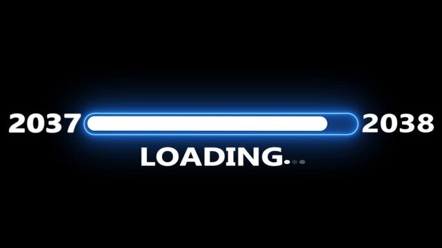 New year 2038 loading bar animation Year changing from 2037 to 2038. Loading bar from 2037 to 2038 new year transfer animation. Almost reaching New Year on black background.