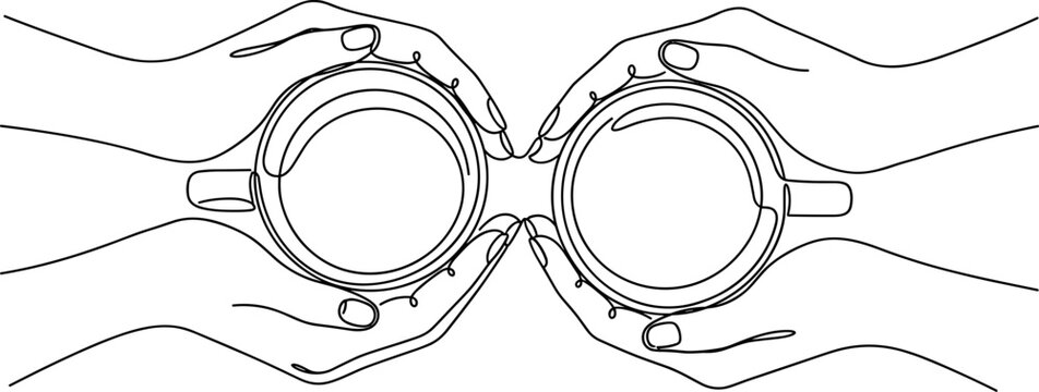 Two hands holding coffee cups together in a minimal line art style.