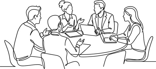 Continuous one line drawing of a diverse business team in a meeting. © Pionn