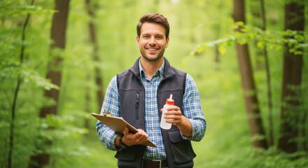 Fototapeta premium smiling male environmental scientist or forester holding a clipboard and sample bottle while standing in a lush green forest workshop