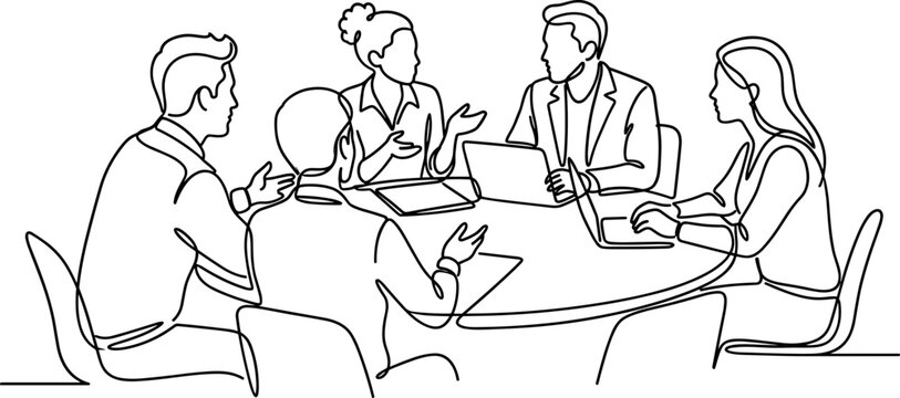 Continuous one line drawing of a diverse business team in a meeting.