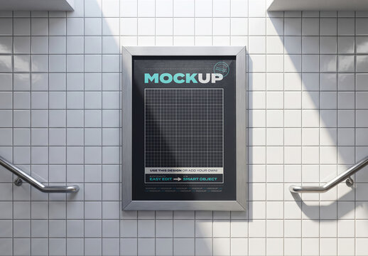 Vertical Frame Poster Mockup on White Tiles Wall