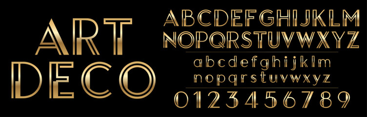 Luxury gold art deco gatsby font vector alphabet set featuring uppercase and lowercase letters, numbers, and metallic geometric typography for premium elegant vintage 1920s logo design. © Konstantin Sigaev