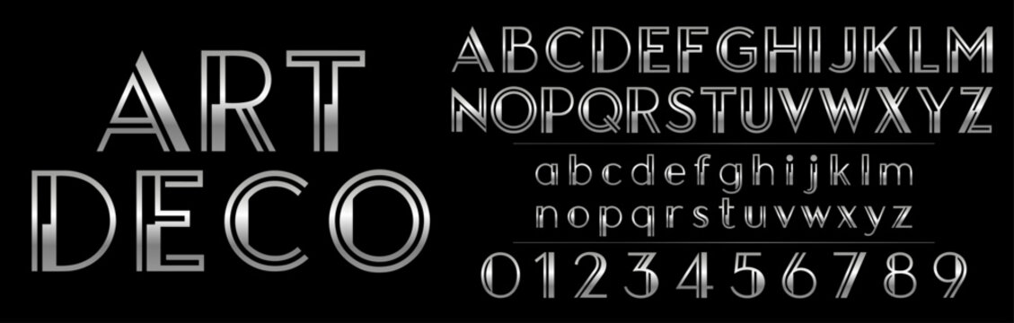 Luxury silver art deco gatsby font vector alphabet set featuring uppercase and lowercase letters, numbers, and metallic geometric typography for premium elegant vintage 1920s logo design.