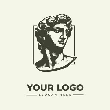 Minimalist logo design featuring a classic marble statue head of David in a square frame.