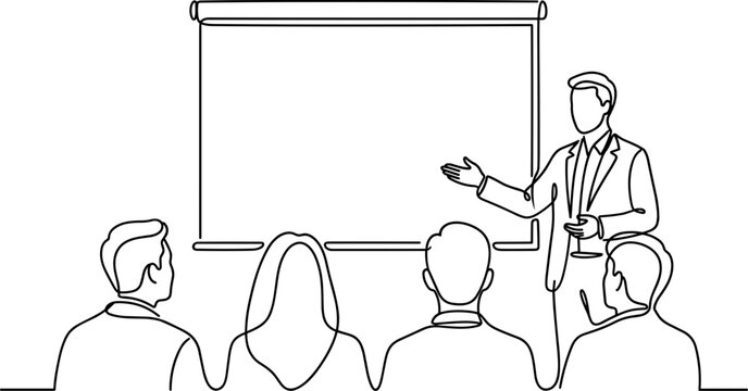 Continuous line drawing of a business presentation meeting.