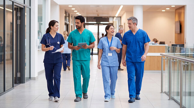 Healthcare professionals in scrubs walking in hospital, teamwork in modern medicine healthcare professionals scrubs, hospital teamwork, doctors nurses walking, medical staff corrid