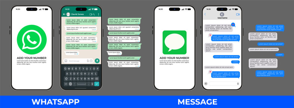 WhatsApp and iMessage smartphone messaging app interfaces, chat conversation screen templates, mobile design layouts for instant communication