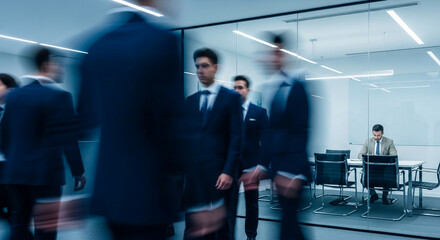 Obraz premium Blurry view of business people in a modern office, representing the fast-paced corporate environment and professional work