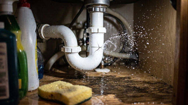Broken plumbing under a home kitchen sink spraying water from a cracked white PVC pipe. Severe water leak causing flooding and property damage. Emergency maintenance and repairs.