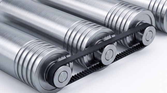 Close-up of metallic batteries with a black belt drive system. The batteries are cylindrical and shiny, showcasing a modern design for energy storage.