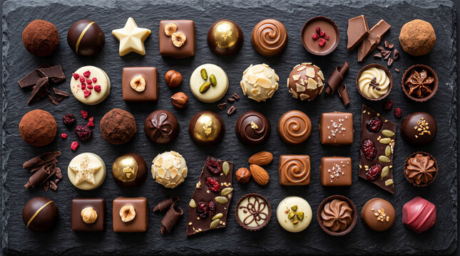Flat lay of premium chocolate candies and truffles arranged in neat rows on a black stone slab, garnished with pistachios, raspberries, and gold leaf. Luxury confectionery display.