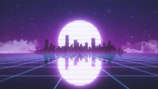 Neon City Skyline Synthwave Loop - Futuristic Retro Outrun Landscape Motion Background Purple 4K