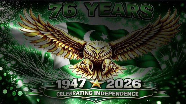 Majestic eagle emblem with Pakistan flag and 76 Years Celebrating Independence text symbolizing national pride and freedom for graphic design