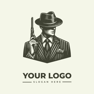 Vintage style illustration of a mysterious man in a suit wearing a fedora hat holding a revolver.