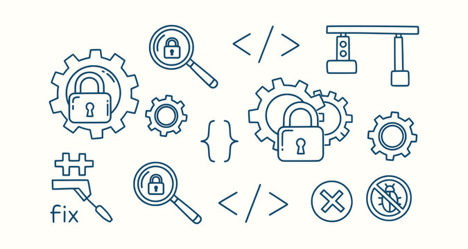 Secure coding and cybersecurity software development icon set with gears padlocks and bug fixing.