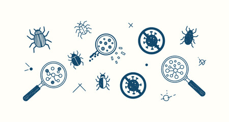 Science and biology doodle set with magnifying glasses viruses and beetle insect sketch icons art © Riyad29