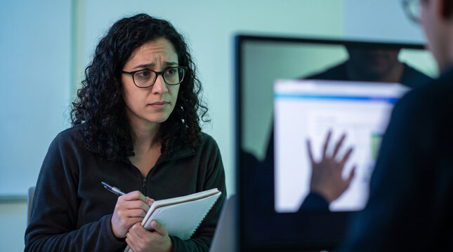 Worried woman taking notes during user interface test