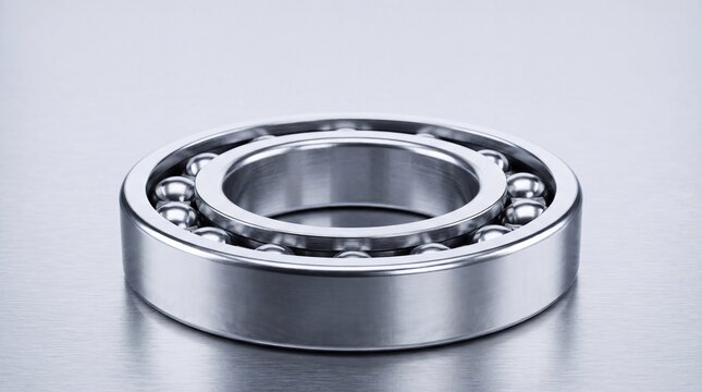 A close-up of a shiny metal ball bearing on a smooth surface. The bearing features a circular design with visible ball elements inside.