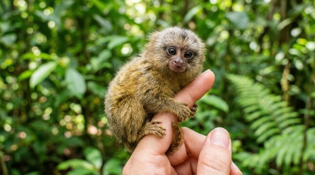 Baby monkey holding a stuffed toy animal in green forest leaves