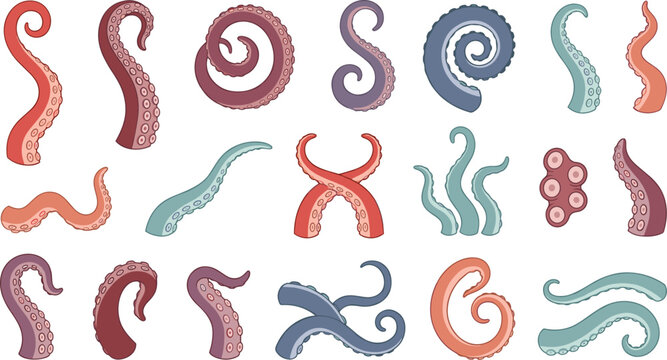 Octopus tentacle vector set with marine monster arms squid suckers and underwater creature elements isolated on white background