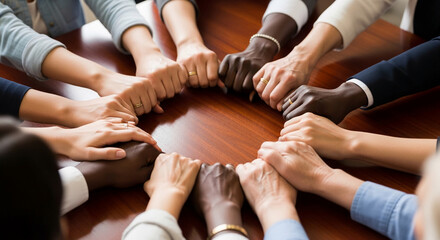 Obraz premium Diverse hands clasped together in unity around a wooden table, symbolizing teamwork, connection, and collaboration for business or lifestyle concepts