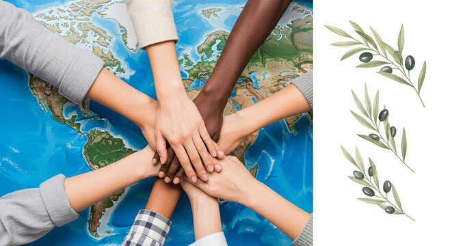Hands of diverse people touching over a world map, symbolizing unity, global cooperation, and diverse backgrounds coming together.
