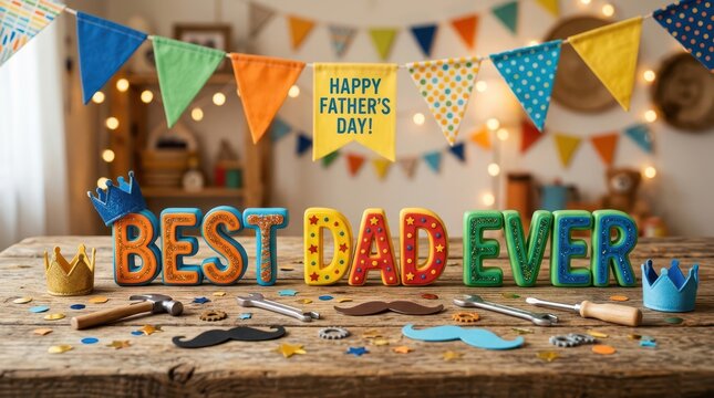 Happy father's day minecraft style message with best dad ever letters on table