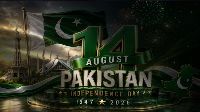 Pakistan Independence Day celebration with flag and landmarks 14 August 1947 digital illustration for patriotic events