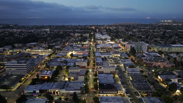 San Mateo California - Aerial Approach of Downtown San Mateo Facing East Towards the Bay at Night