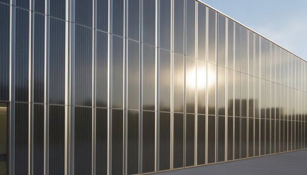 Medium shot of sleek vertical solarintegrated metal panels reflecting sunlight showcasing energyefficient building cladding with embedded thinfilm photovoltaic technology.