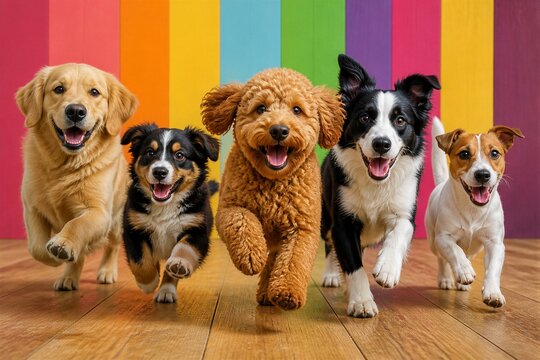 Five dogs running toward camera on wooden floor with colorful wall