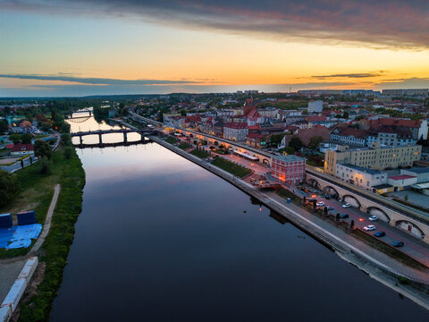 Old town bridge and St. Marys cathedral at sunset in Gorzow Wielkopolski. Poland