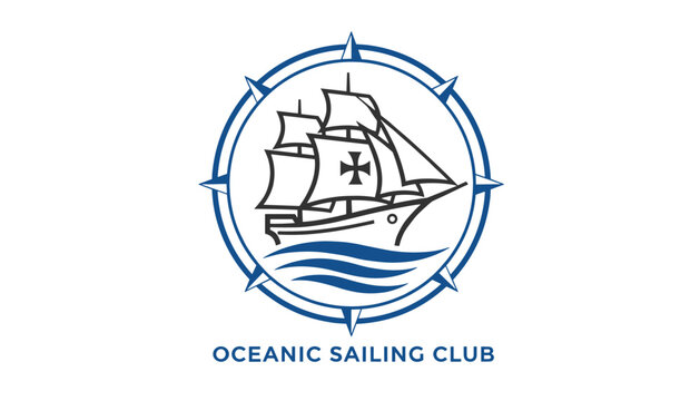 Oceanic Sailing Club logo design displaying a classic multi mast sailing ship framed inside a nautical compass dial on white.