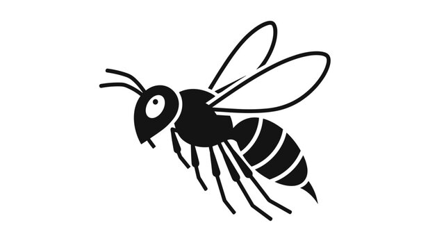 Black silhouette of a stinging wasp flying with detailed wings and striped abdomen on a plain white background.