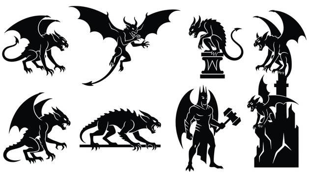 Collection of eight spooky gothic gargoyle silhouette illustrations shown in different powerful and demonic poses.