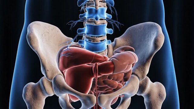 3D medical animation of human hip anatomy and joint replacement surgery. Detailed CGI visualization of pelvis, femur, and prosthetic implant proced...